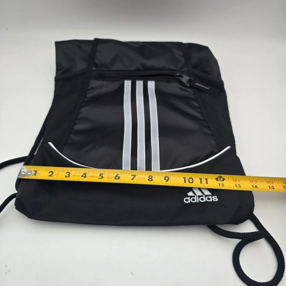 Adidas Black Drawstring Cinch Bag 3-Stripe Sackpack with Front Zip‎ Pocket